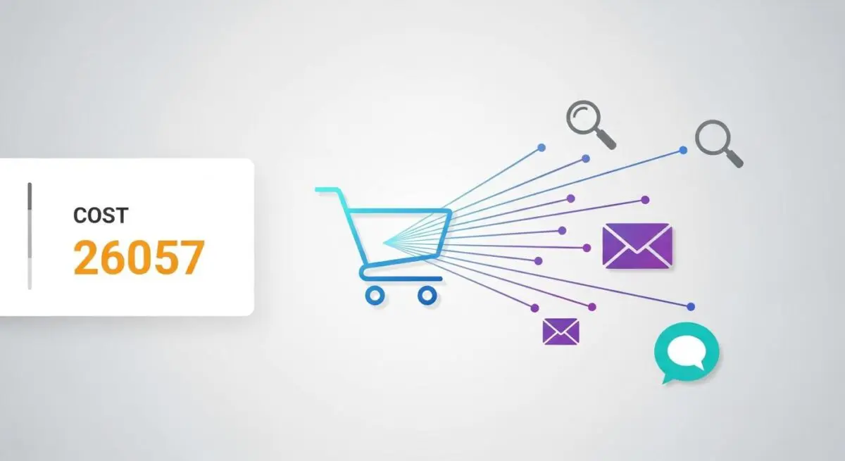 A shopping cart icon connected by lines to icons representing searches and emails, illustrating Cost Per Acquisition.