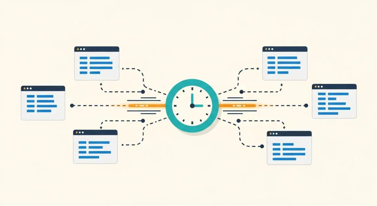 A clock face connected by dashed lines to multiple browser windows, illustrating Cron Job scheduling.