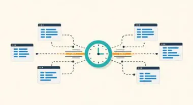 A clock face connected by dashed lines to multiple browser windows, illustrating Cron Job scheduling.