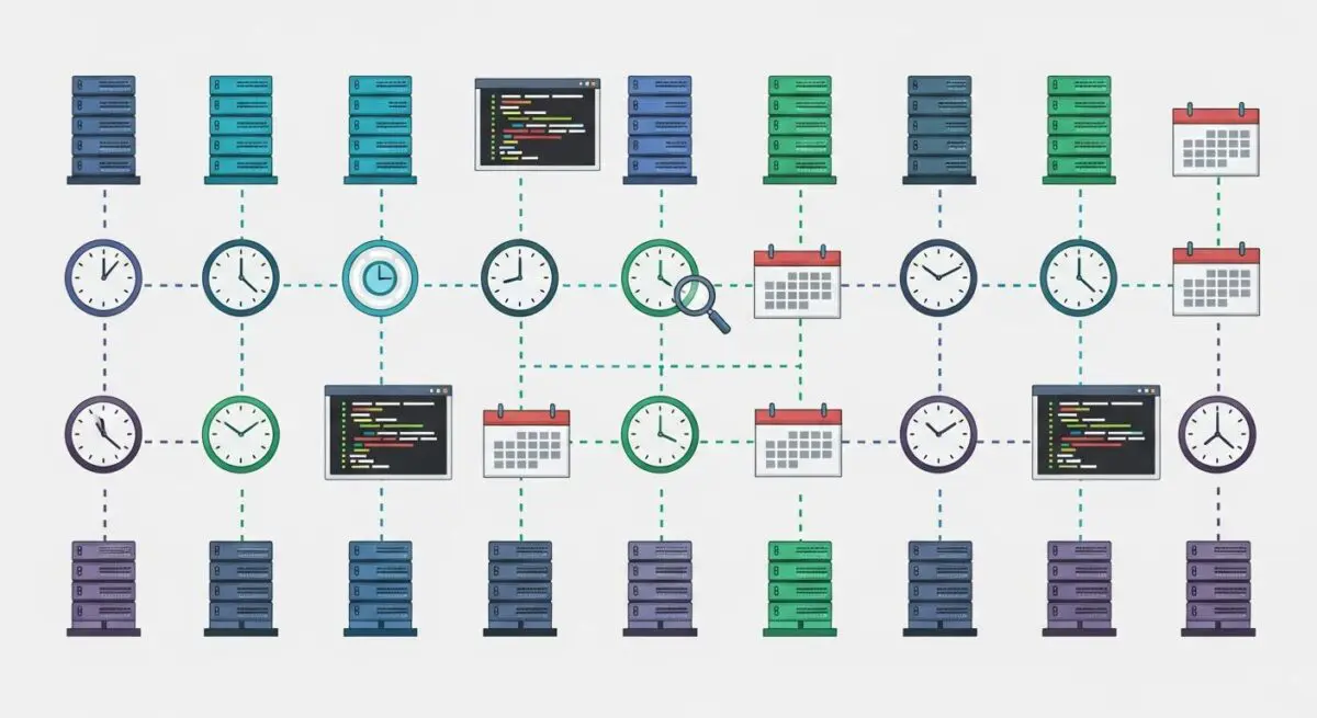 Servers connected to clocks and calendars, symbolizing scheduled tasks managed by crontab.