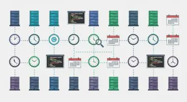 Servers connected to clocks and calendars, symbolizing scheduled tasks managed by crontab.