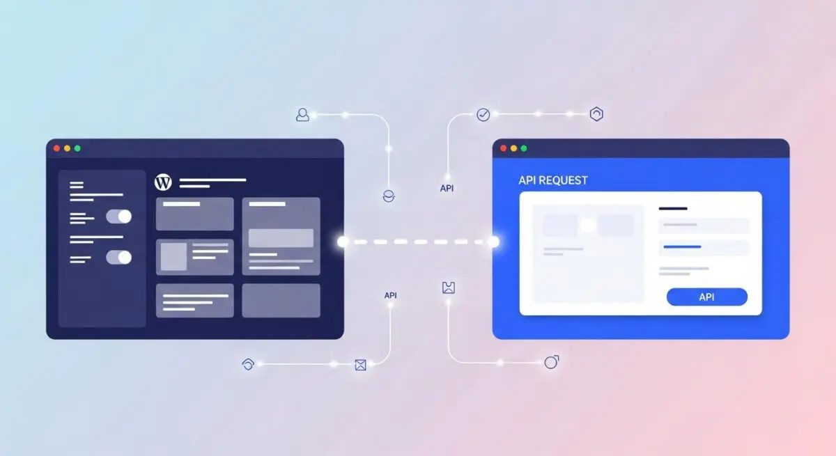 Website dashboard communicating with an API request interface, illustrating Cross-Origin Resource Sharing.