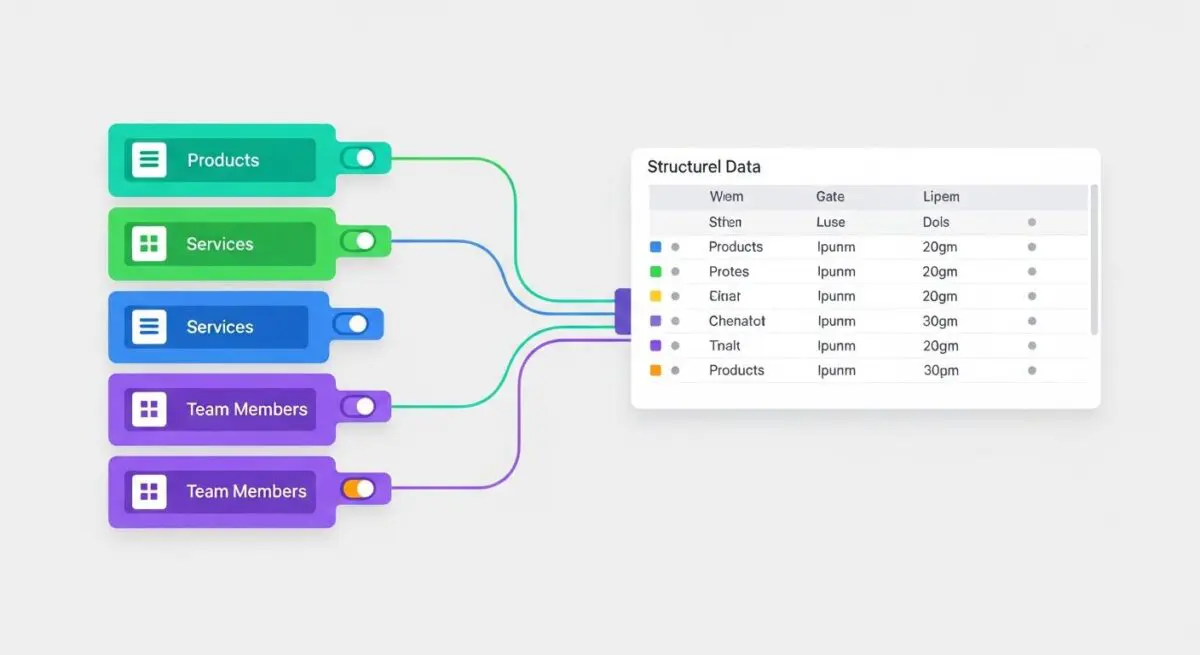Diagram showing labeled sections like Products and Services connecting to structured data, illustrating custom taxonomies.