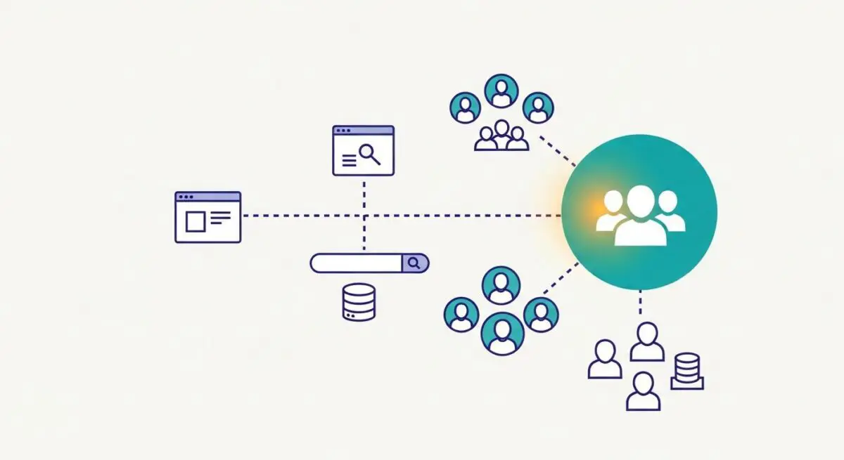 Illustration showing a central group of people connected to various data sources and user interfaces, representing a Customer Data Platform.