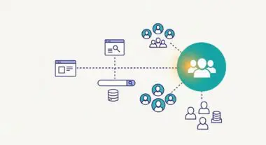 Illustration showing a central group of people connected to various data sources and user interfaces, representing a Customer Data Platform.
