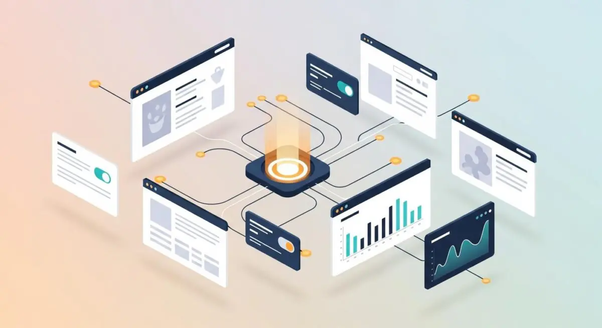 Central processor connecting to various screens displaying data and user interfaces for unique shopping experiences.