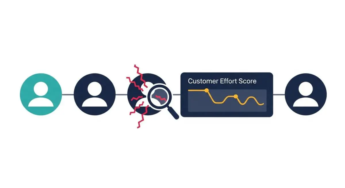 Diagram showing customer journey from initial interaction to data analysis of Customer Effort Score.