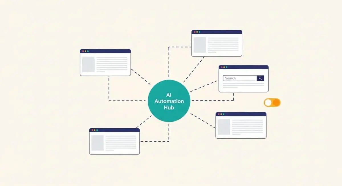 AI Automation Hub connecting to various web interfaces, illustrating Customer Journey Mapping.