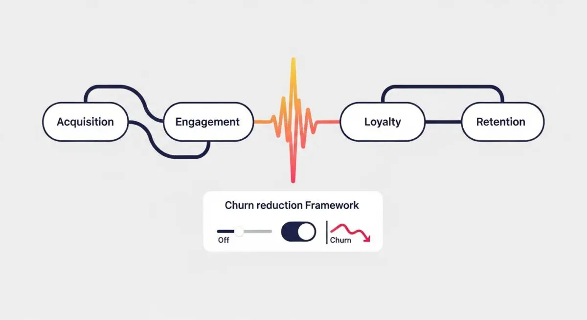 Diagram illustrating the customer journey from acquisition to engagement, loyalty, and retention with a churn reduction framework. By Andres SEO Expert.