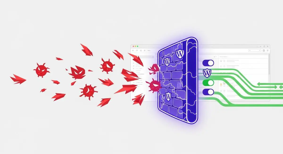 Red virus-like icons and sharp shapes attack a purple firewall, symbolizing DDoS mitigation. By Andres SEO Expert.