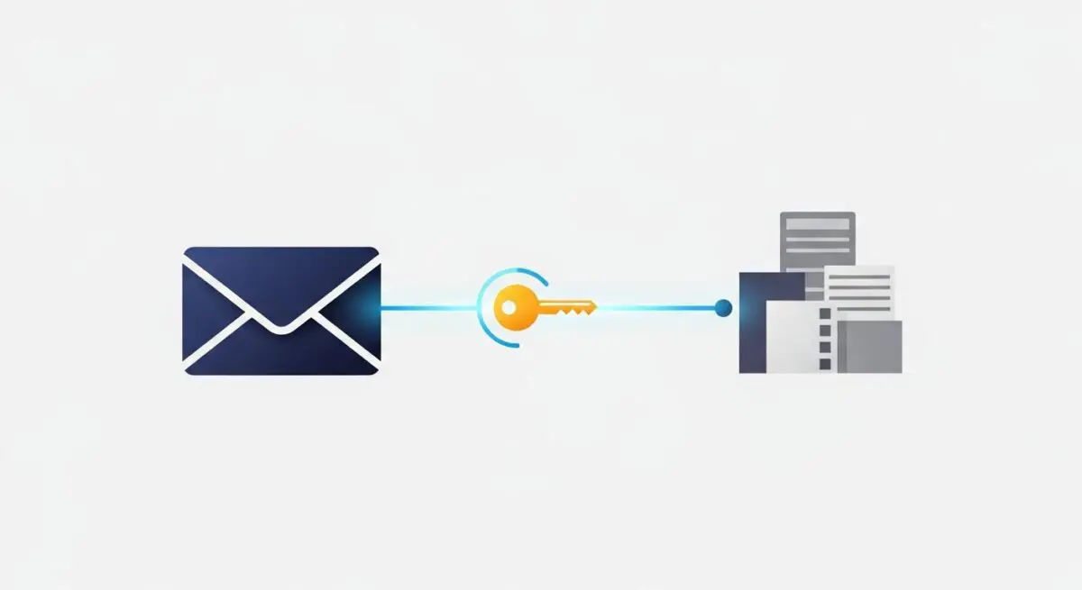 Email icon connected to a key, representing DKIM authentication for secure message delivery.