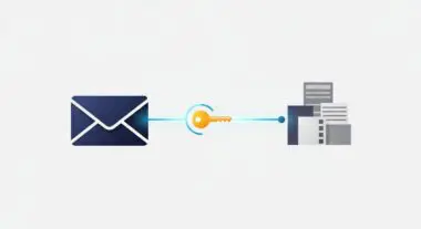 Email icon connected to a key, representing DKIM authentication for secure message delivery.