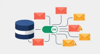 Database connected to an 'ON' switch, distributing emails with and without warnings. Illustrates DMARC monitoring.