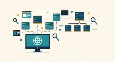 Diagram illustrating interconnected servers, web pages, and magnifying glasses, representing DNS resolution and web infrastructure.