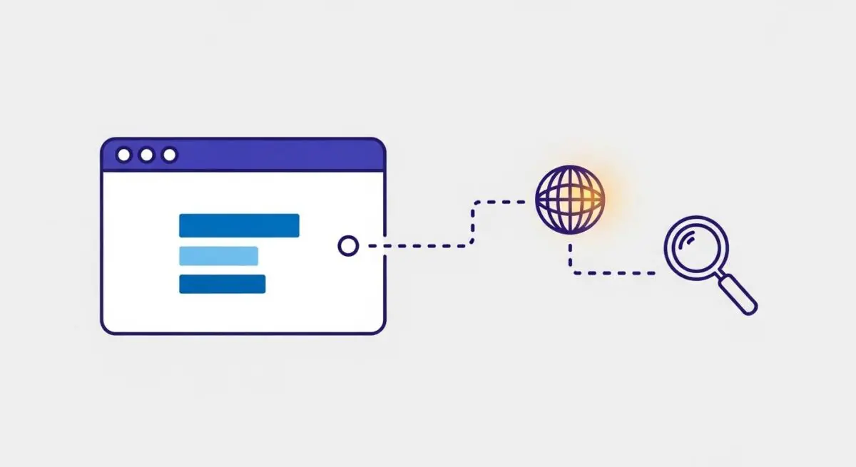 Diagram illustrating website elements connecting to a globe and magnifying glass, representing DNS Prefetching.