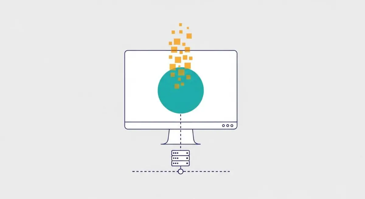 A computer monitor displays a teal circle with orange squares emitting from it, connected to a server graphic, symbolizing data availability.