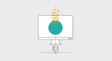 A computer monitor displays a teal circle with orange squares emitting from it, connected to a server graphic, symbolizing data availability.