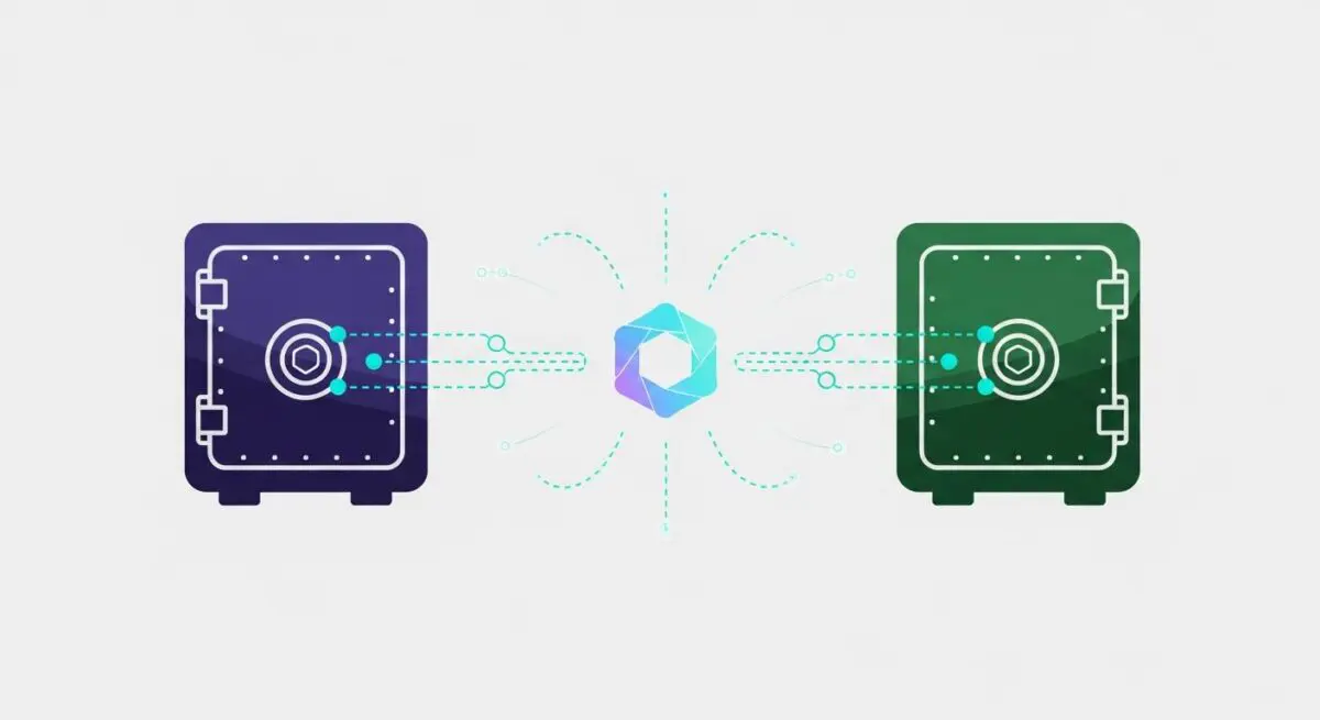 Two safes, one purple and one green, connected by dashed lines to a central hexagonal graphic, symbolizing data flow in Data Clean Rooms.