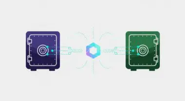 Two safes, one purple and one green, connected by dashed lines to a central hexagonal graphic, symbolizing data flow in Data Clean Rooms.