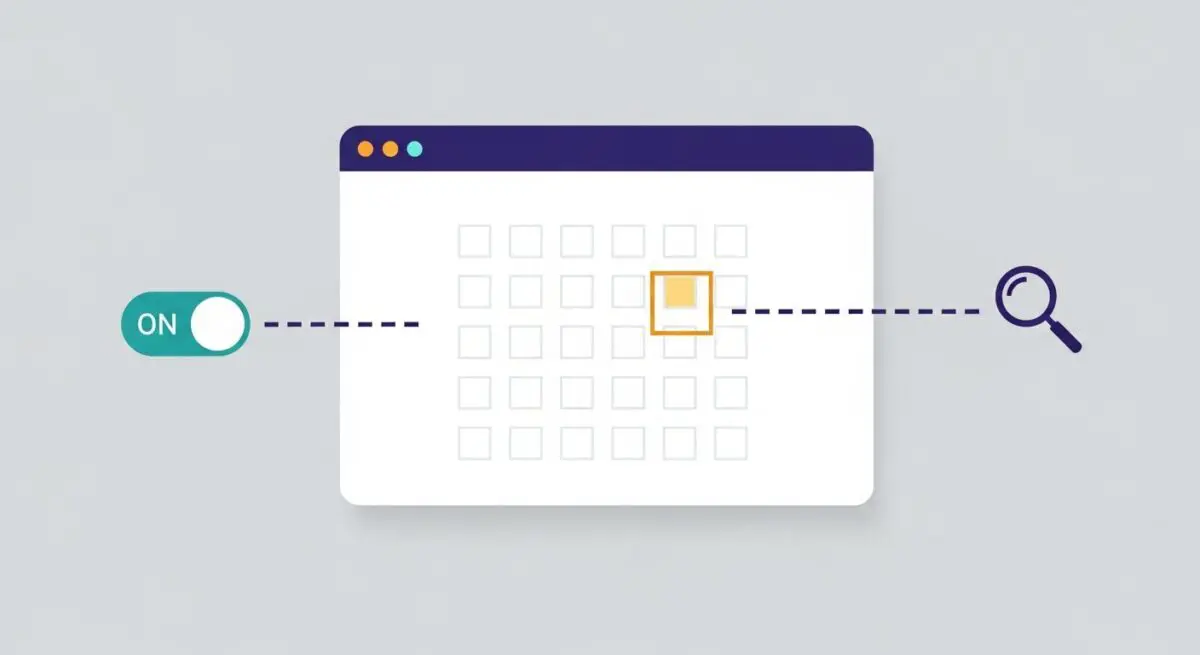 An 'ON' toggle switch connects to a calendar grid with a highlighted square, linked to a magnifying glass, representing data cleansing.
