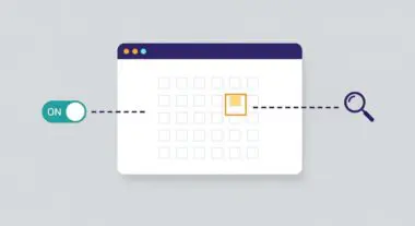 An 'ON' toggle switch connects to a calendar grid with a highlighted square, linked to a magnifying glass, representing data cleansing.