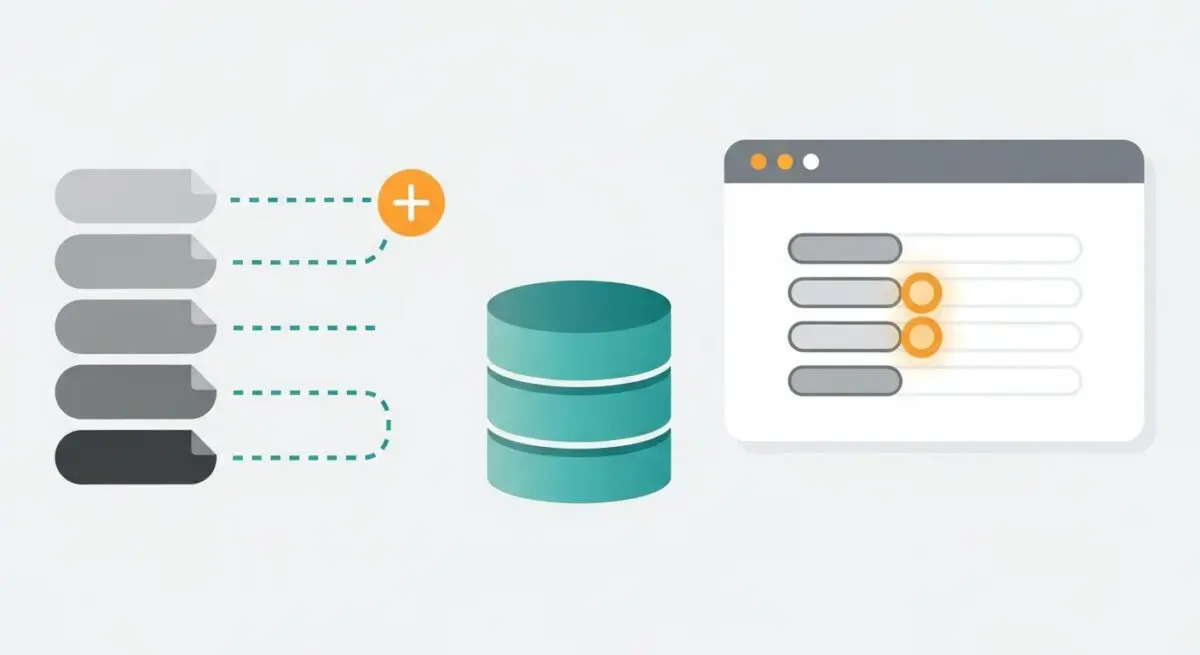 Conceptual illustration of data enrichment process with data input, database, and output refinement.