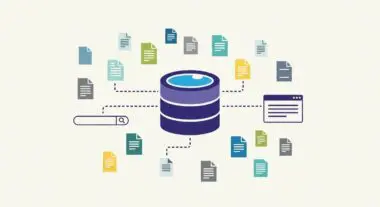 Centralized database icon with surrounding document icons and a search bar, representing a data lake.