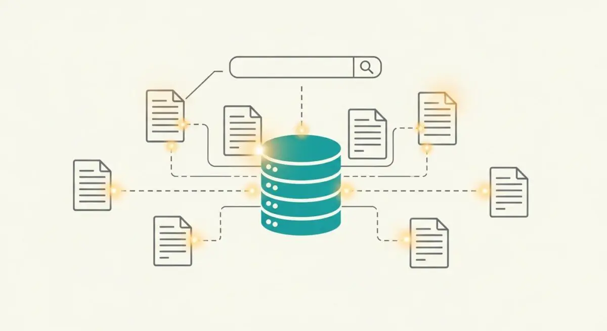 Diagram showing documents connecting to a central database, illustrating data normalization processes.
