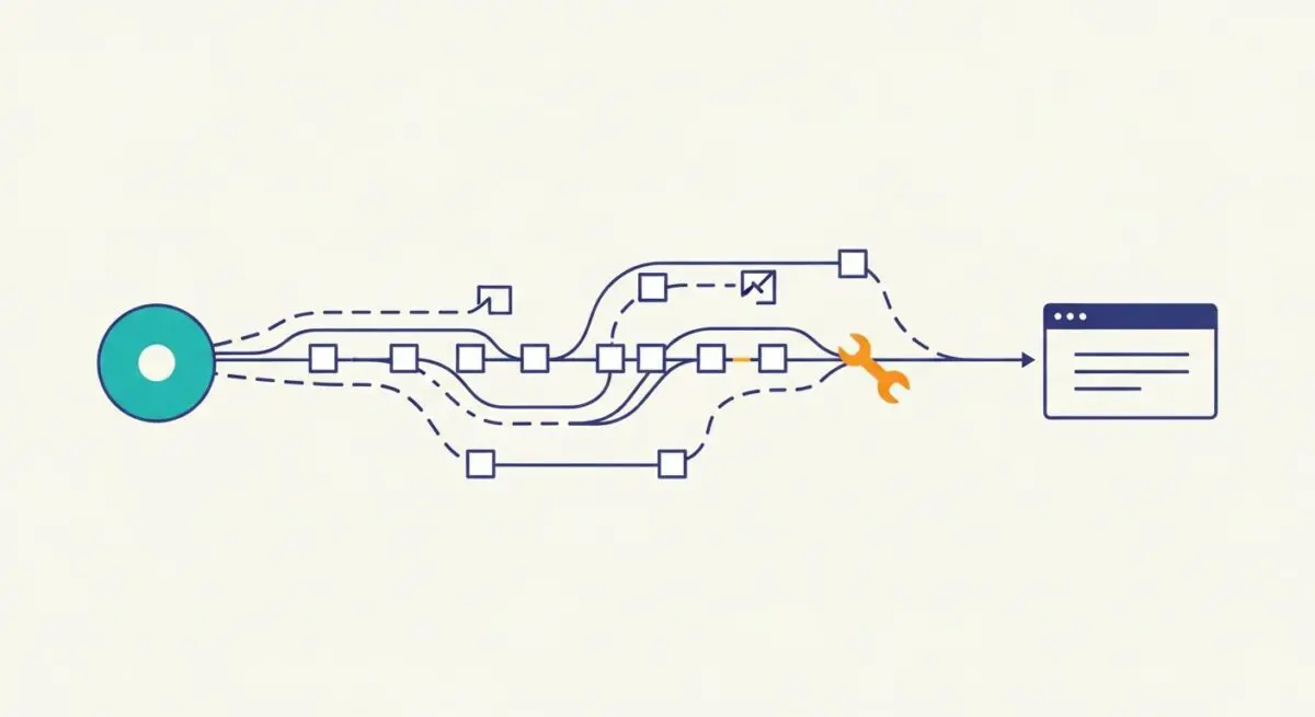 Illustration of a complex data pipeline with multiple stages, a wrench indicating optimization, leading to a final output.
