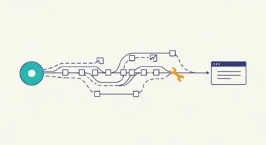 Illustration of a complex data pipeline with multiple stages, a wrench indicating optimization, leading to a final output.