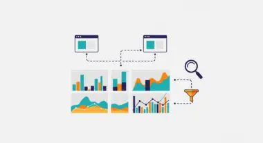 Abstract illustration showing various charts and graphs connected to a search icon and funnel, representing data visualization processes.