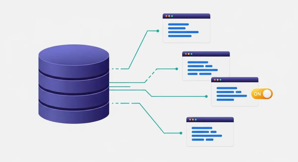 A stack of large purple cylinders representing a data warehouse connects to multiple smaller windows displaying data.