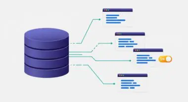 A stack of large purple cylinders representing a data warehouse connects to multiple smaller windows displaying data.