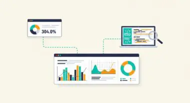 Datadog dashboard displaying metrics, charts, and a pie chart, with a laptop showing code and a magnifying glass.