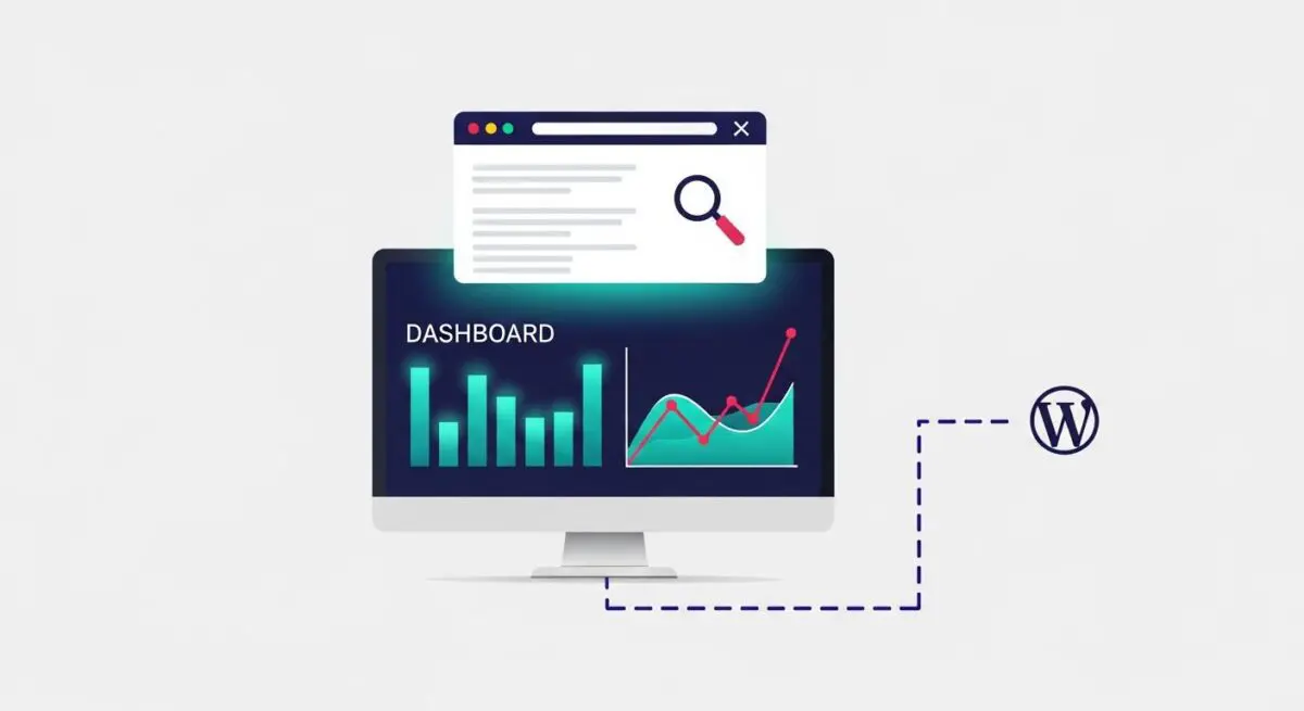 Computer monitor displaying a dashboard with graphs and analytics, connected to a WordPress logo, illustrating website performance tracking with DebugBear.