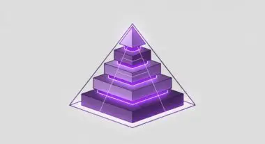 Geometric pyramid visualization of deep learning neural network layers, glowing with purple.