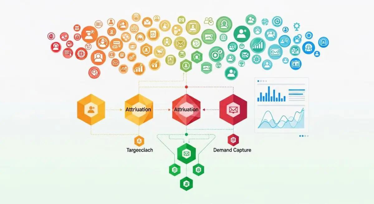 Diagram illustrating the process of Demand Gen, showing stages like Attriuation, Target reach, and Demand Capture with icons.