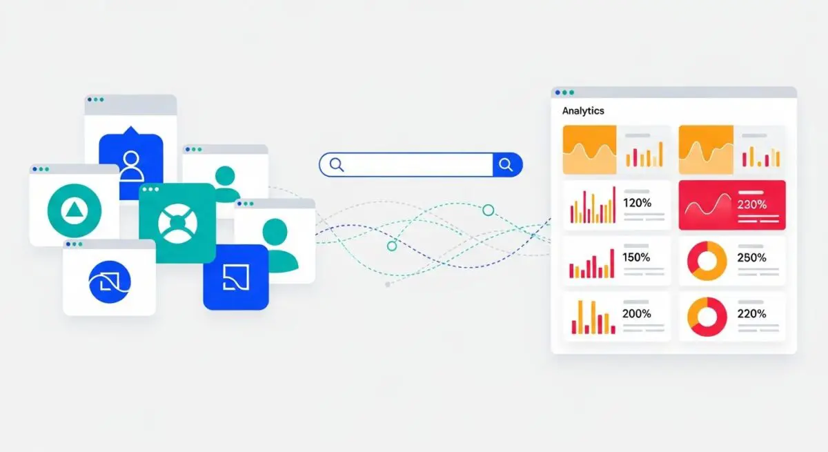Abstract graphic showing user icons connecting to a search bar and analytics dashboard, representing a Demand-Side Platform.