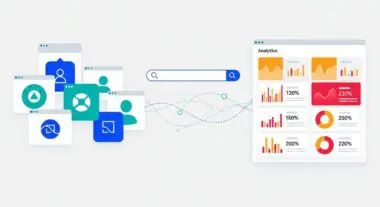 Abstract graphic showing user icons connecting to a search bar and analytics dashboard, representing a Demand-Side Platform.