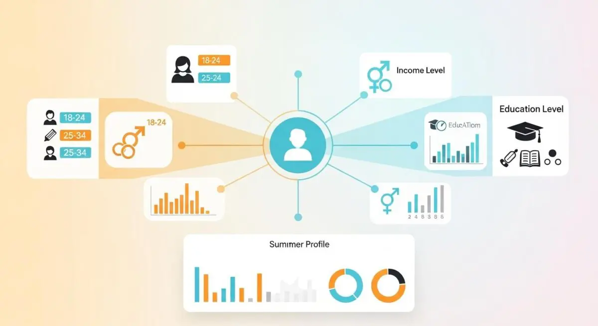 Infographic illustrating demographic segmentation with age groups, gender, income, and education levels.