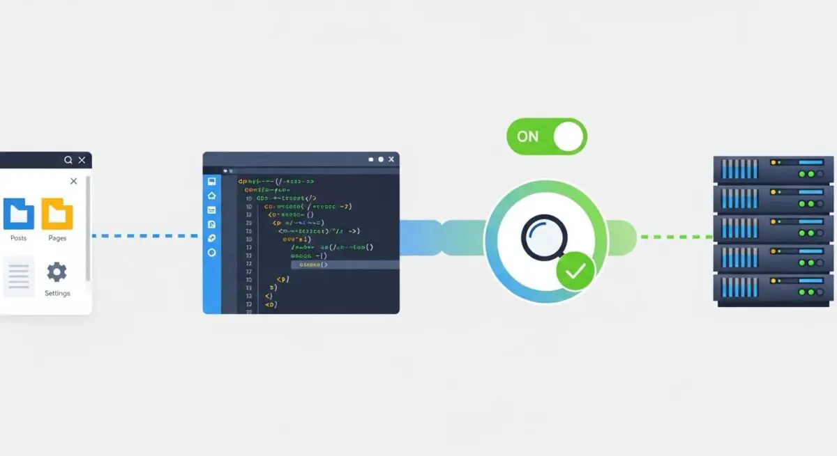 Diagram showing a web development deployment pipeline from code editor to servers.