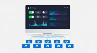 DevKinsta dashboard displaying ON toggles and network traffic charts, connected to shipping containers.