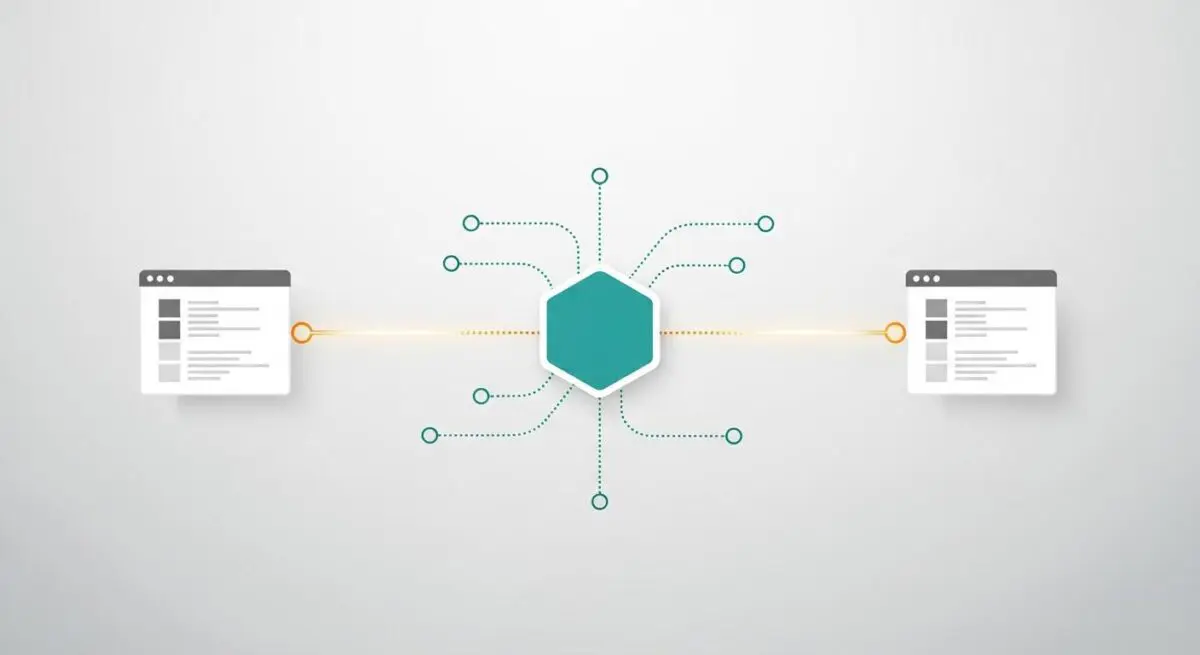 Abstract representation of DevOps pipeline connecting two systems through a central hub.