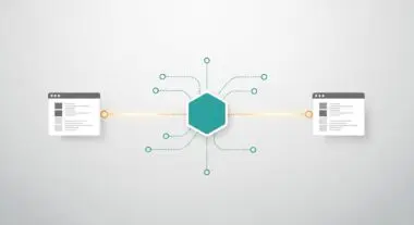 Abstract representation of DevOps pipeline connecting two systems through a central hub.