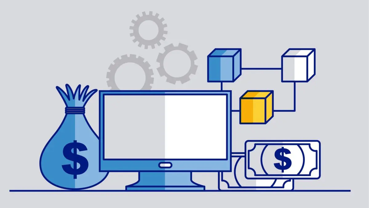 A computer monitor sits beside a money bag, gears, and a block structure, representing digital financial technology.