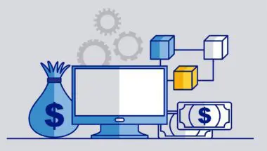 A computer monitor sits beside a money bag, gears, and a block structure, representing digital financial technology.