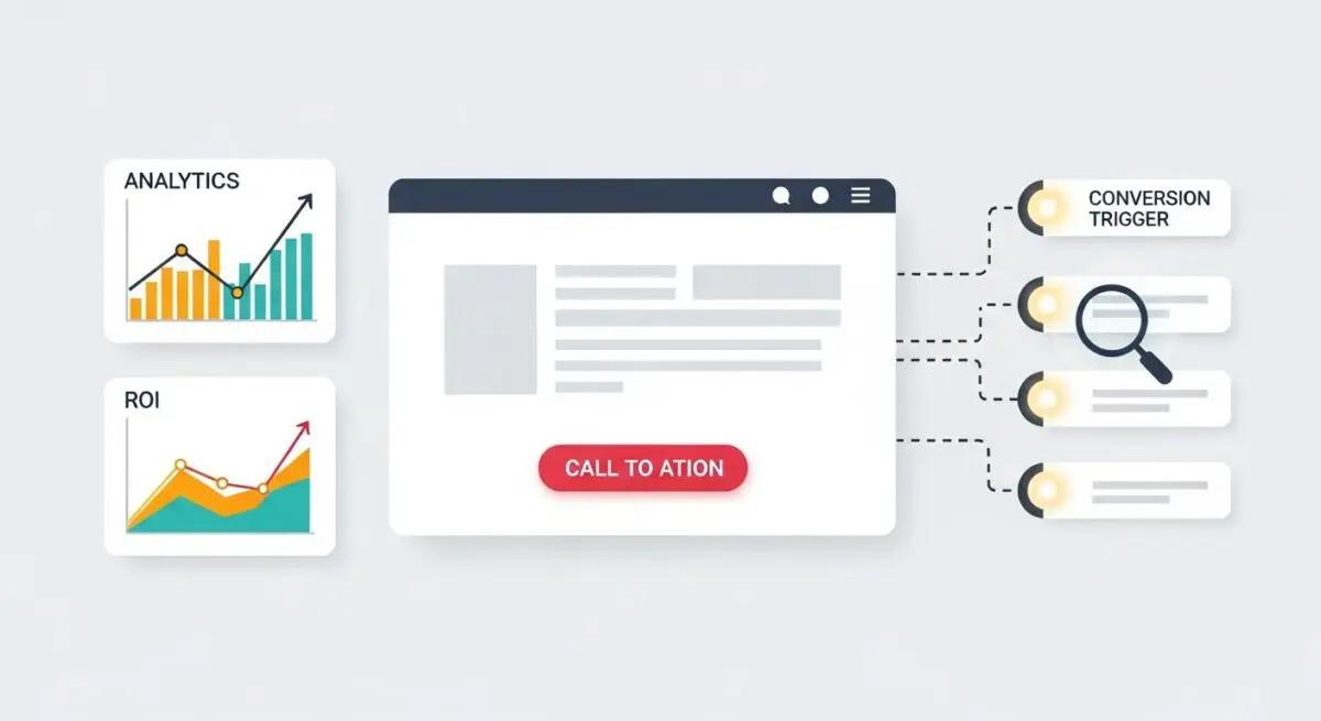 Flowchart illustrating direct response marketing: analytics, ROI, website with call to action, and conversion triggers.