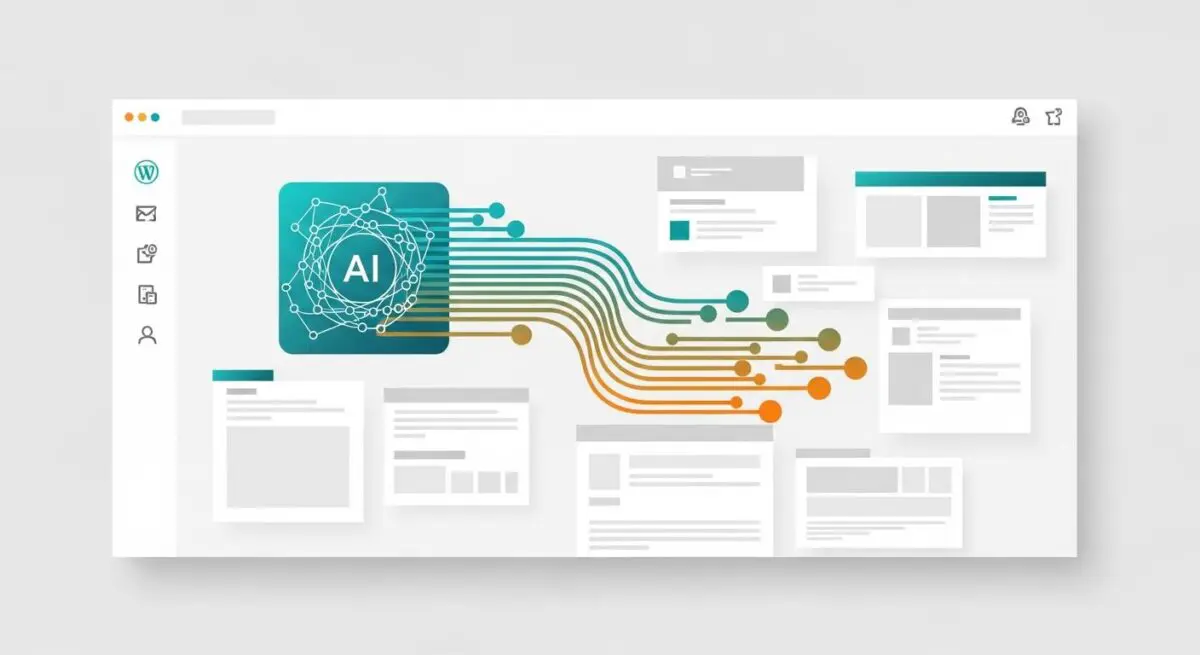 Conceptual graphic showing AI connectivity and data flow across multiple website interfaces, representing Divi AI capabilities.