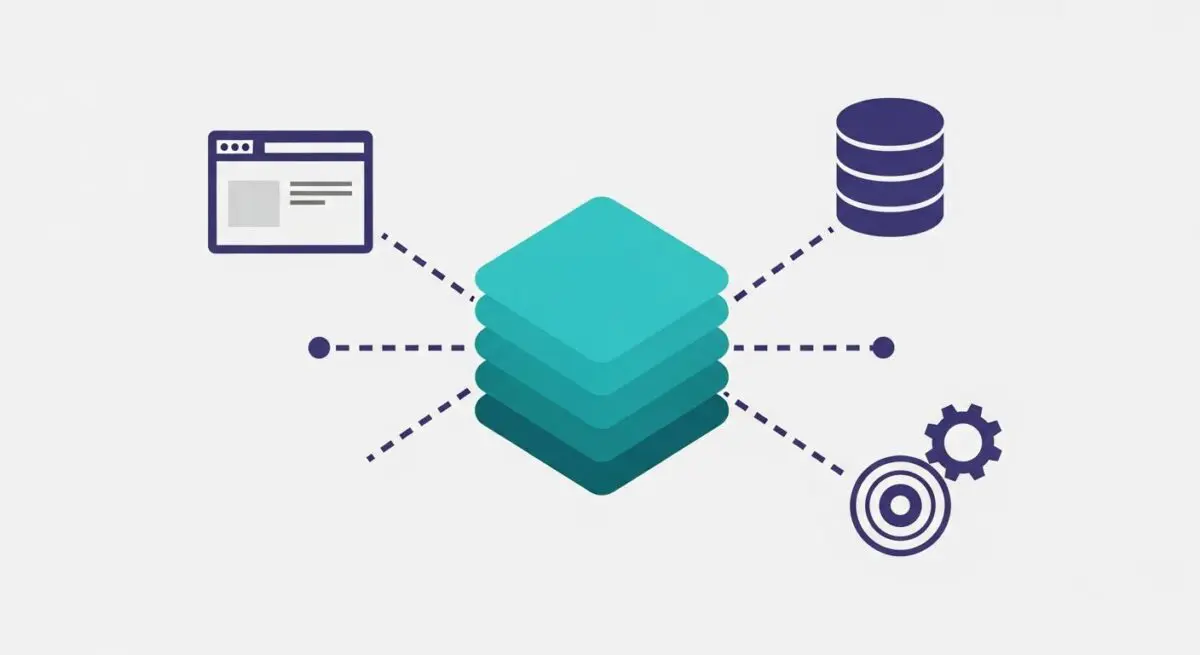 Diagram illustrating Docker containerization with layers, web interface, database, and gears.