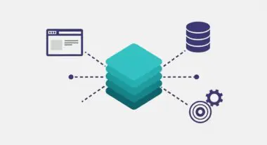 Diagram illustrating Docker containerization with layers, web interface, database, and gears.